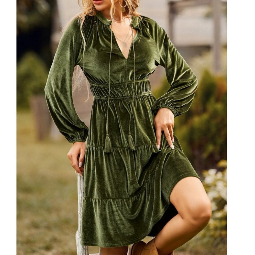 Green OliveBoho Tie Neck detail Lantern Sleeved Velvet Cottagecore Dress - Picture 4 of 7